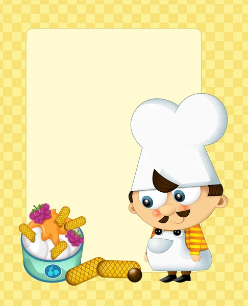 Cartoon happy scene with cook standing and watching on sweets - with space for text — Stock Photo, Image
