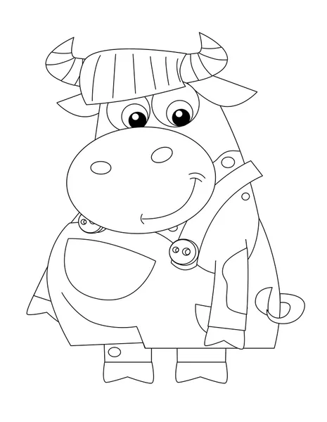 Мультяшна щаслива корова - стоячи і посміхаючись - одягнена - ізольована - розмальовка сторінка — стокове фото