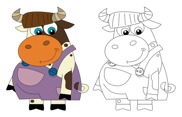 Мультфильм счастливая корова - стоя и улыбаясь - одетая - изолированная - с раскраской страницы — стоковое фото