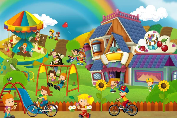 Cartoon scene of playground and kids in front of a colorful building — Stock Photo, Image