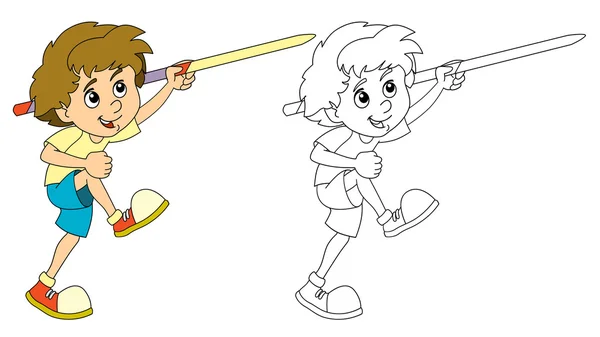 El entrenamiento infantil de dibujos animados - lanzando lanza — Foto de Stock