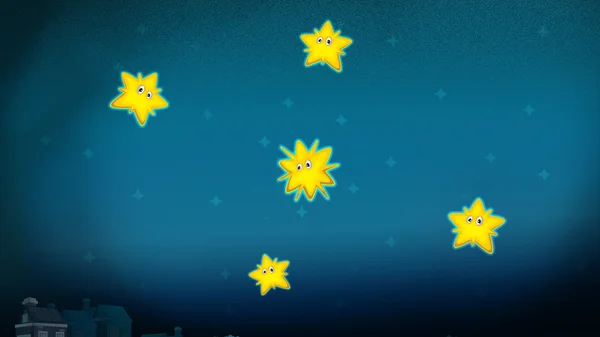 Estrelas brilham no céu azul escuro Cartoon cena feliz — Fotografia de Stock
