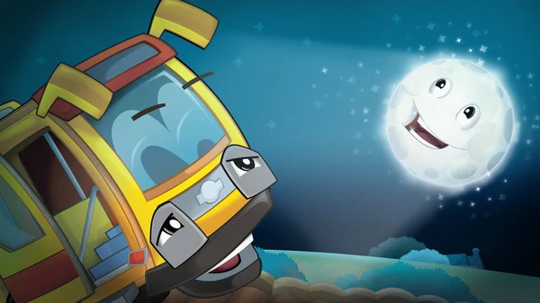 Autobus patrząc do nieba i świeci księżyc Cartoon szczęśliwy scena — Zdjęcie stockowe