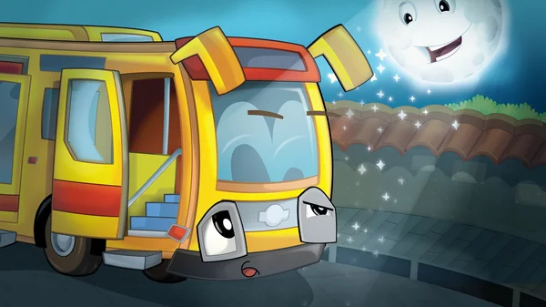 Kreskówka szczęśliwy scena-autobus patrząc do niebo i lśniący księżyc — Zdjęcie stockowe