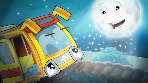 Kreskówka szczęśliwy scena-autobus patrząc do niebo i lśniący księżyc — Zdjęcie stockowe