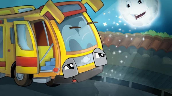 Мультфильм счастливая сцена - автобус смотрит в небо и сияет луна — стоковое фото
