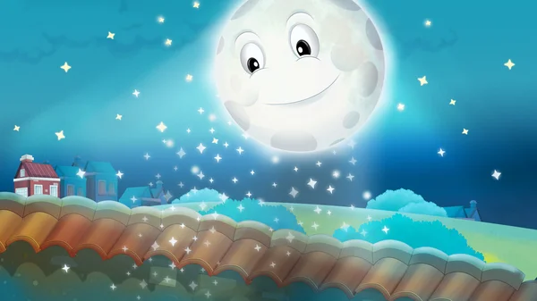 Luna brillante en el cielo Dibujos animados escena feliz —  Fotos de Stock