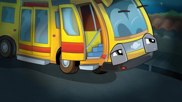 Zeichentrickszene eines verängstigten und schläfrigen Lastwagens auf der Straße in der Nacht - Illustration für Kinder — Stockfoto