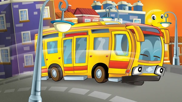 Scène de dessin animé de la ville de jour - avec un bus souriant — Photo