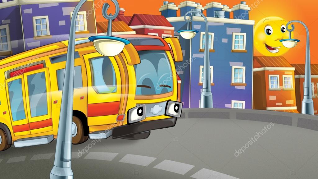 Scene De Dessin Anime De La Ville De Jour Avec Un Bus Souriant Photographie Illustrator Hft C 112116192