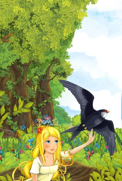 Cartoon fairy tale scene with a young little girl on the meadow waving to the cuckoo bird - near the forest — Stock Photo, Image