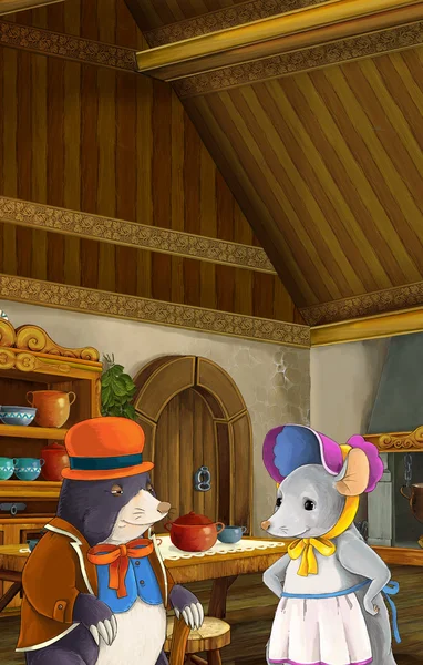 Dessin animé scène de conte de fées d'une souris et une taupe parlant dans la cuisine — Photo