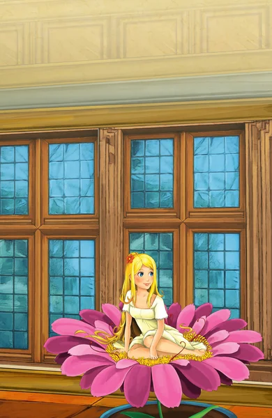 Cartoon scene - girl sitting on a beautiful flower — Stock Photo, Image