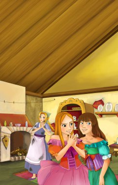 Kız konuşuyor ve mutfakta - üçüncü kız gülerek dinliyor