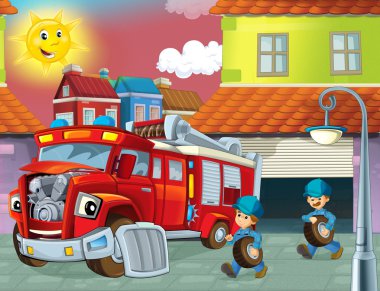 Mekanik atölye - çalışma erkekler - illüstrasyon çocuklar için çizgi film