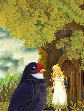 Çizgi film masal sahne ile yaşayan bir ağaç evi ve guguk kuşu arka planda oturan bir genç kız