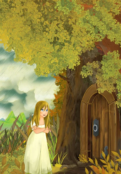 कार्टून परी कथा दृश्य एक युवा छोटी लड़की के साथ एक पेड़ के घर में रहने और एक मोल यात्रा करने के लिए आ रहा है — स्टॉक फ़ोटो, इमेज