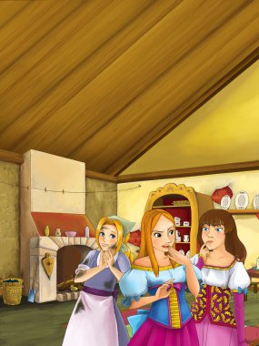 Kız konuşuyor ve mutfakta - üçüncü kız gülerek dinliyor