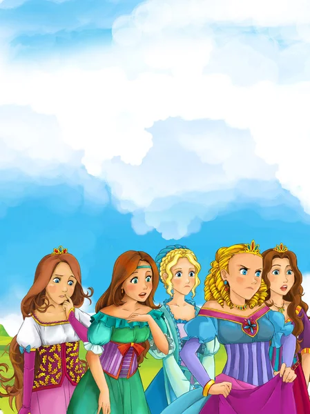 Cartoon scene of many girls in traditional clothing — Stock Photo, Image