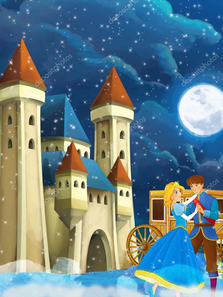 Prince and princess castle and carriage in the background Stock