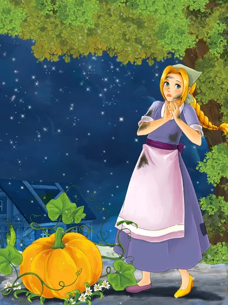 Poor girl - big pumpkin and golden shoe — Stock Photo, Image