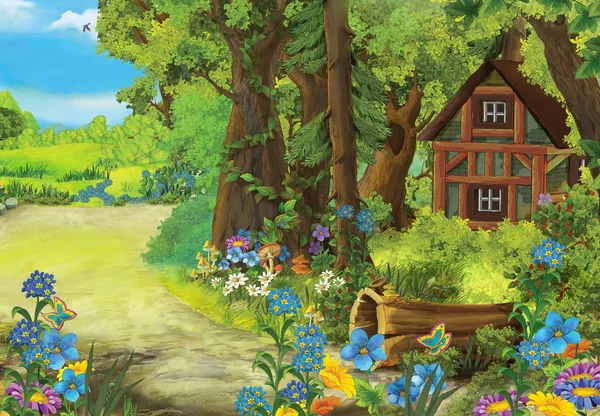 Σκηνή χαρακτήρα κινουμένων σχεδίων με παλιό σπίτι στο δάσος - εικονογράφησης για παιδιά — Φωτογραφία Αρχείου