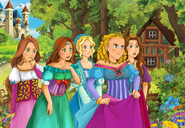 Girls with house in the forest and castle — Stock Photo, Image