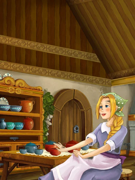 Traditional kitchen with young dirty girl — Stock Photo, Image