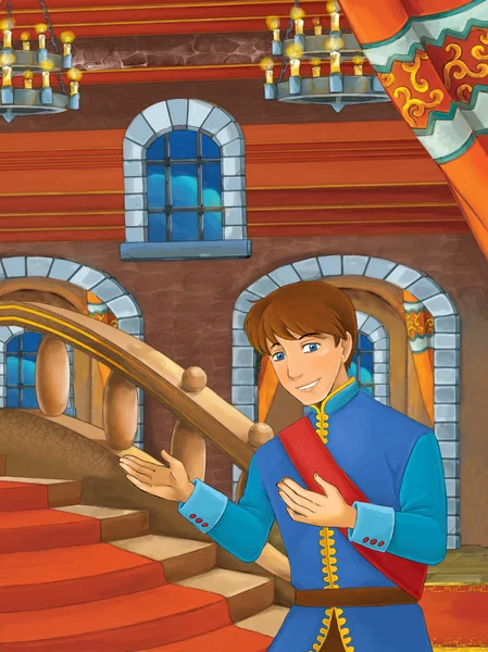 Young Prince in castle hall Cartoon happy scene — Zdjęcie stockowe