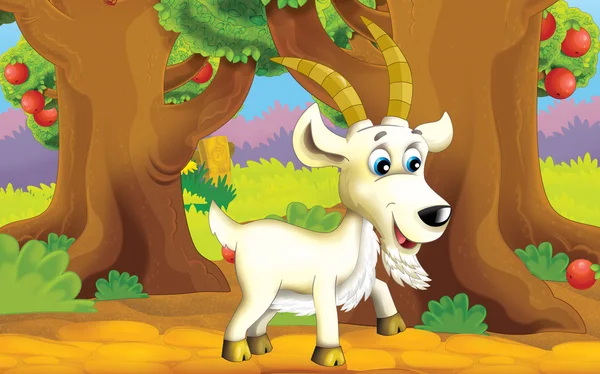 Escena de granja de dibujos animados con animales - cabra - ilustración para niños —  Fotos de Stock