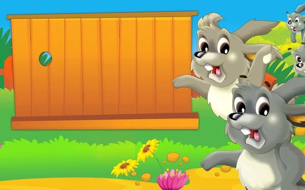 Illustrazione dei cartoni animati con coniglio felice - animali diversi in fattoria — Foto Stock