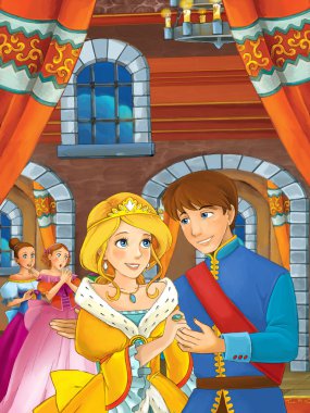 Kale salonunda Prens ve prenses Karikatür mutlu sahne