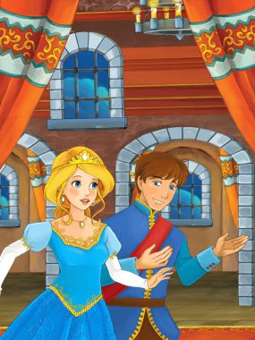 Kale salonunda Prens ve prenses Karikatür mutlu sahne