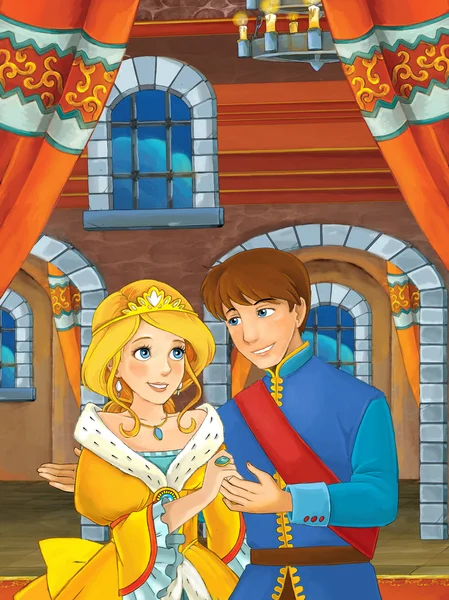 Prince et princesse dans la salle du château Dessin animé scène heureuse — Photo