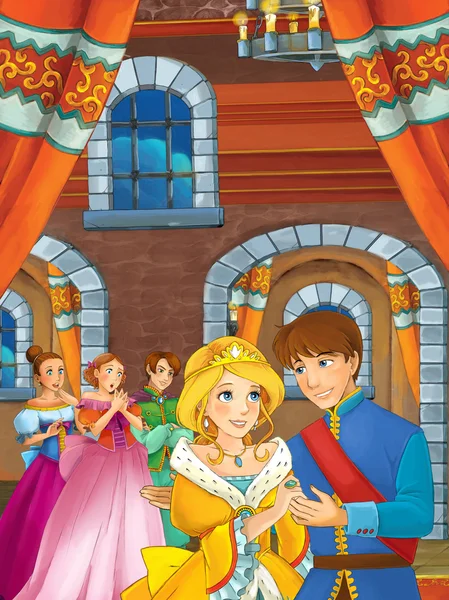 Prins och prinsessa i slottssalen tecknad lycklig scen — Stockfoto