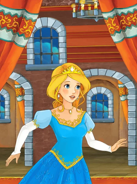 Princesa en la sala del castillo Dibujos animados escena feliz — Foto de Stock