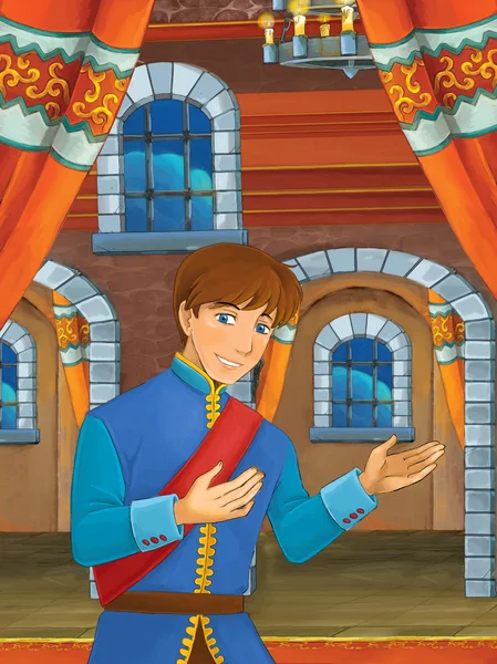 Young Prince in castle hall Cartoon happy scene — Stock fotografie