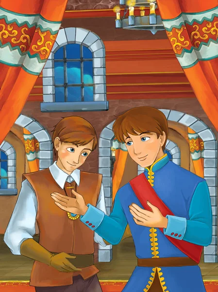 Young Prince in castle hall Cartoon happy scene — Stock Photo, Image