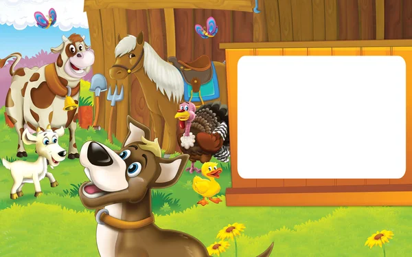 Cartoon illustration with happy dog - different animals at farm — Stock Photo, Image