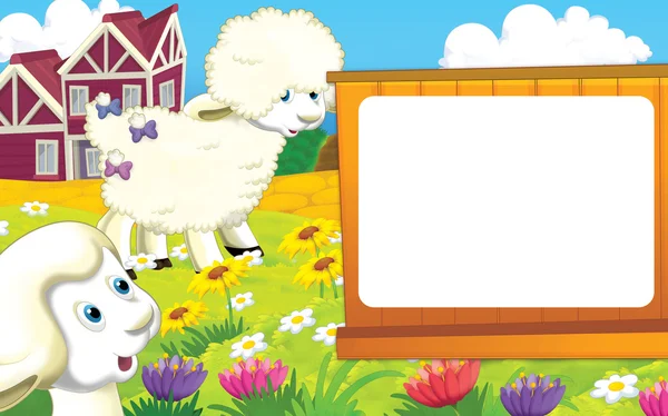 Cartoon illustratie met gelukkige witte schaap-verschillende dieren op de boerderij — Stockfoto