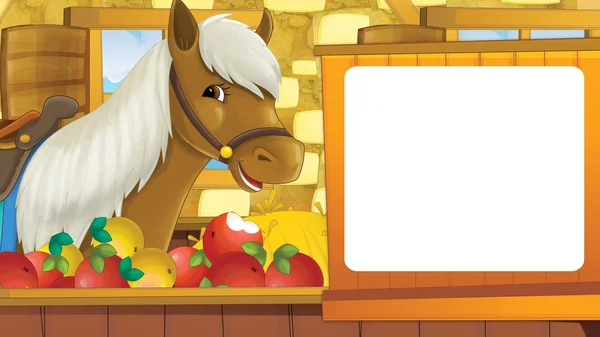 Cartoon farm scene with happy horse — Stock Photo, Image