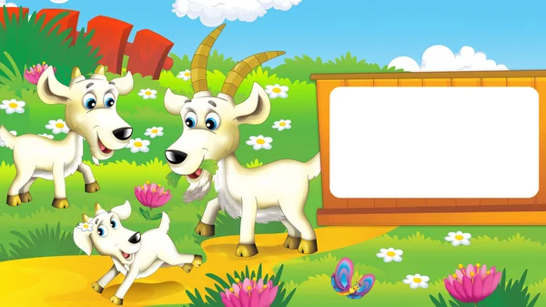 Scène de dessin animé avec une chèvre heureuse — Photo