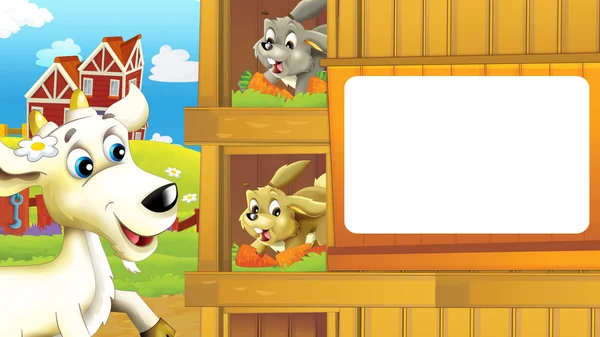 Cartoon farm scene with goat talking to rabbits — Stock Photo, Image