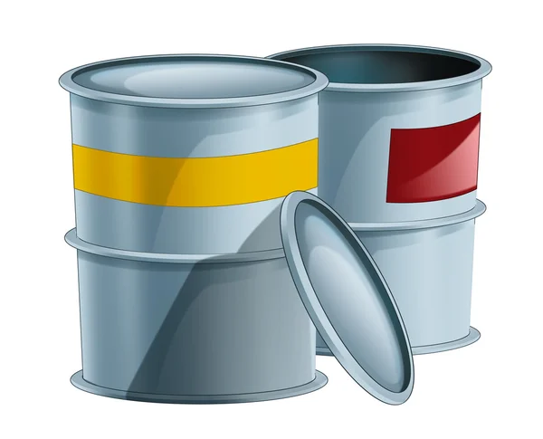 Cartoon metal barrels one opened another closed - isolated - illustration for children — Stock Photo, Image