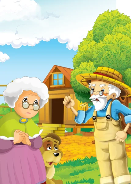 Desenhos animados idosos casal fazenda — Fotografia de Stock