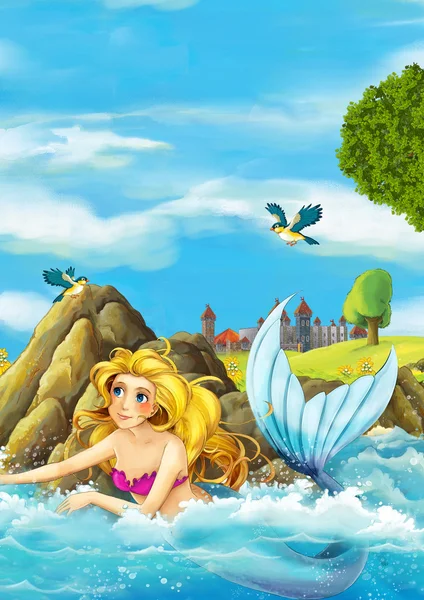 Cartoon fantasy scene of swimming mermaid — Stock Photo, Image