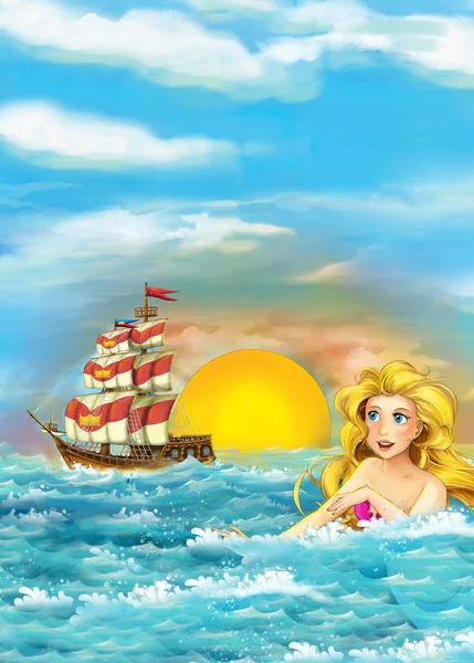 卡通幻想场景的航行中的船 — 图库照片