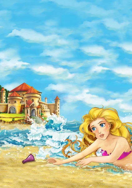 समुद्र तट पर सुंदर mermaid का कार्टून दृश्य बच्चों के लिए चित्रण — स्टॉक फ़ोटो, इमेज
