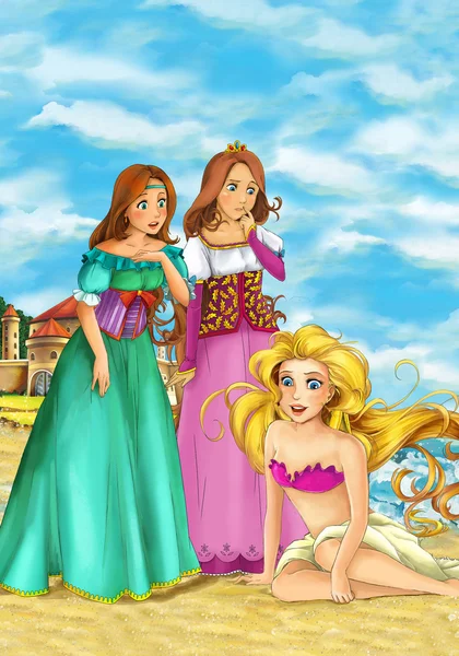 Escena de dibujos animados de la hermosa sirena en la playa - dos damas mirando a la joven sentada en la arena - ilustración para niños —  Fotos de Stock