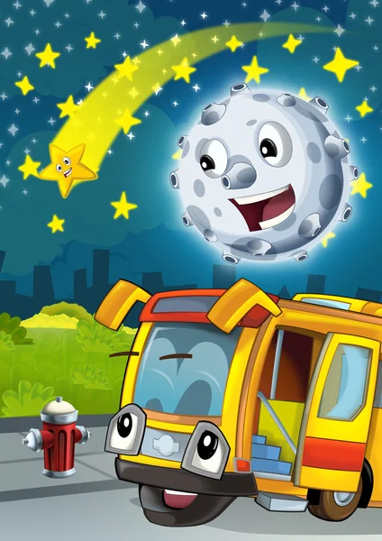 Escena de dibujos animados con luna feliz o meteorito y estrella fugaz por la noche hablando con el auto- ilustración para niños — Foto de Stock